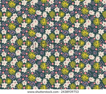 Small vector flowers daisy seamless pattern. Natural wallpaper, floral decoration illustration. Hand drawn elements. Children's drawing. Print for a dress or swimsuit