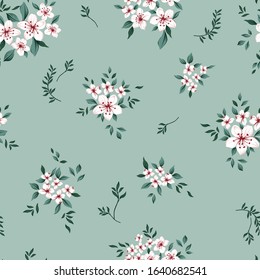 small vector flowers with leaves pattern on green background