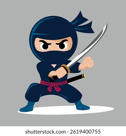 small vector gloomy ninja in dark blue clothes ready for battle