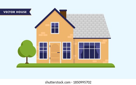 Pequeña casa vectorial - Casa de ladrillo de color beige con árbol y hierba. Ilustración vectorial.