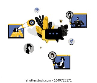 Small vector people characters leave online reviews about purchased products through the Internet. graphic design illustration for online store. good five star ratings. Flat illustration