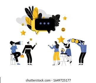 Small vector people characters leave online reviews about purchased products through the Internet. graphic design illustration for online store. good five star ratings. Flat illustration