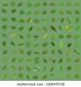 A lot of small vector pictures of lines and grass on dark green background. A seamless geometrical pattern.