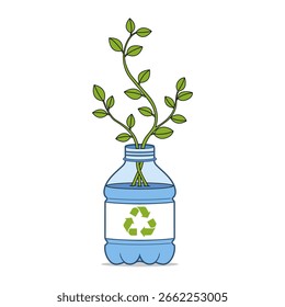 Una Pequeña botella de plástico de Vector con un logotipo de reciclaje del que brotan semillas	