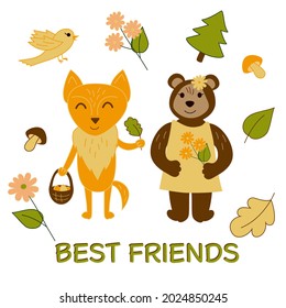 A SMALL VECTOR SET WITH FOREST ELEMENTS, WHICH DEPICTS FRIENDS-CHARACTERS: A FOX CUB AND A BEAR. ALSO SMALL ELEMENTS OF FOREST ATTRIBUTES: LEAVES, MUSHROOMS, FLOWERS, SPRUCE.