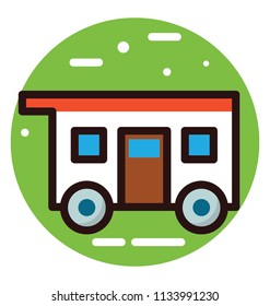 A small vehicle with door and windows having all necessities inside to be taken as it is whereby one need to symbolizing camper van