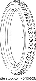 Small Vehicle Tire is A ring shaped covering that fits around a wheel to protect it and enable better vehicle performance by providing a flexible cushion, vintage line drawing or engraving