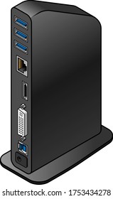 A Small Vertical Oriented USB Laptop Docking Station. With Connectors For USB, DisplayPort, Ethernet Networking, And DVI Video.