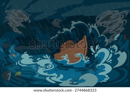 Small Vessel Faces Fierce Storm. Tiny Boat Endures Turbulent Waves And Stormy Skies While Seeking Safety