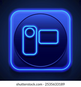 Small video camera simple icon vector. Flat design. Blue neon style on button. With shadow.ai