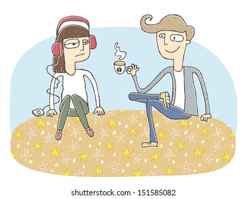 Small vignette illustration of a flirting couple. Illustration is in eps10 vector mode, elements are isolated in a group.