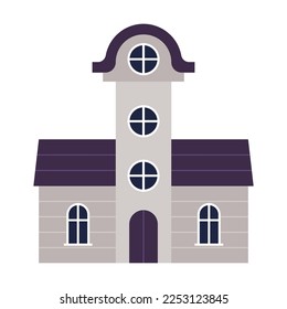 Small village chapel church. Vector illustration of cute building exterior. Cartoon home with windows and doors, chimneys on roofs isolated on white. Neighborhood, town, urban concept