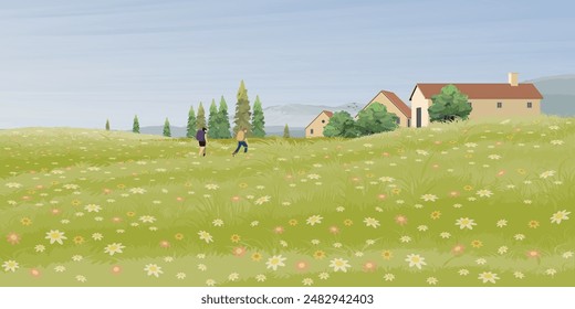 Small village in colorful flower fields hill landscape with tourist backpackers have mountain range behind graphic illustration.