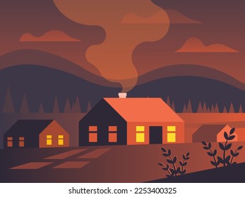 Small village in a fiery sunset on a mountain background. Vector graphics