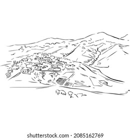 Small village in front of the mountains sketch vector illustration hand draw