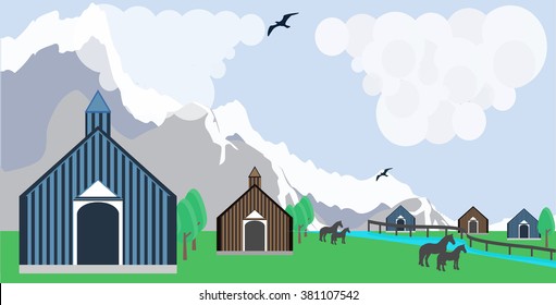 The small village in the highlands. Vector landscape of mountainous terrain. flat style. The river in the village.