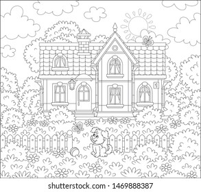 Small village house and a cute little pup watching funny butterflies flittering among flowers on a lawn on a sunny summer day, black and white vector illustration in a cartoon style