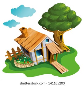 Small village house with flower-bed and big tree, vector illustration