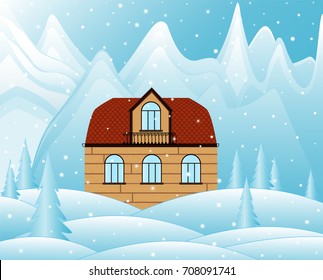 Small village house in the mountains. Snowy landscape. Vector illustration