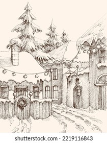 Small village houses decorated for Christmas, winter snow landscape. Background for retro style Christmas illustrations