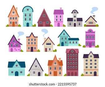 Small village houses set. Vector illustrations of various cute building exteriors. Cartoon homes with windows and doors, chimneys on roofs isolated on white. Neighbourhood, town, urban concept