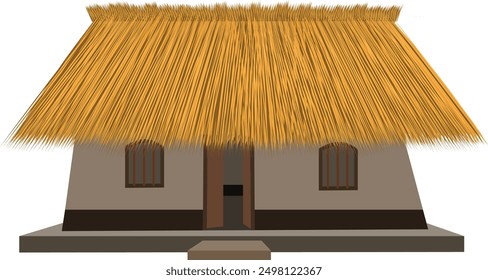 Small village hut with thatched roof, vector flat  illustration isolated on white background. Indian hut or poor village house, ethnic traditional dwelling