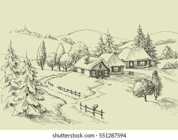 Small village idyllic landscape. Beautiful valley sketched panorama