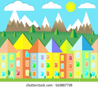 Small village landscape. colored houses in the mountains among the trees. blue sky with sun and clouds. vector illustration