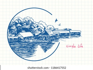 Small village on water in circle frame, Blue pen sketch on square grid travel sketchbook page with motivation quote Simple life, Hand drawn vector illustration