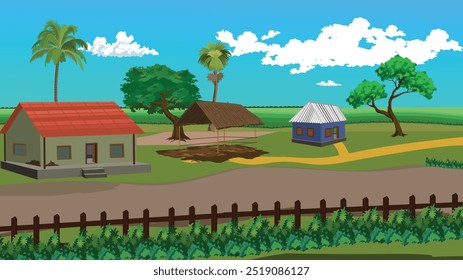 A small village with a red house and a blue house. The houses are surrounded by a fence and there is a road in the background. The scene is peaceful and serene