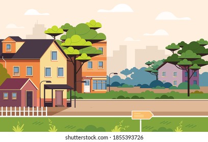Small village town city street concept. Vector flat cartoon graphic design illustration