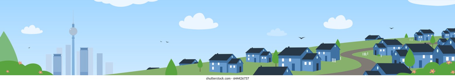 a small village upper hill having a view of a city with skyscrapers