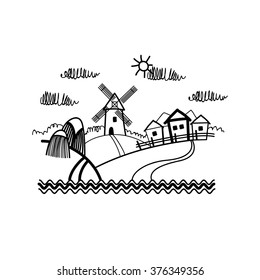 Small Village View Sketch Simple Line Vector Illustration