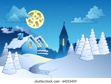 Small village in winter - vector illustration.
