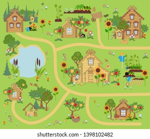 Small village with wooden houses and Apple trees, Russian village, playmat, vector illustration