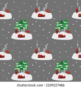 Pequeños pueblos. En casa en la nieve. Patrón invernal sin fisuras de vectores. Nieve en el fondo. Ilustración de estilo plano.