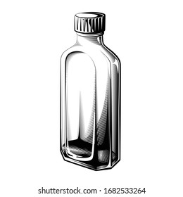 Small vintage bottle vector illustration. Square medicine bottle for liquid drugs, oils, cosmetics.