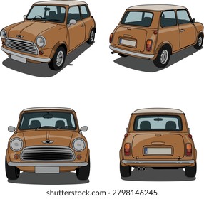Small vintage compact automobile, copper color, diverse perspective views of car.