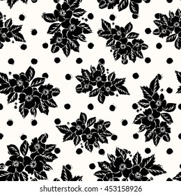 Small vintage Flower and Dots pattern print for t-shirt, apparel, textile or wrapping. Classic wallpaper with floral elements in black and white colors. Vector is seamless and repeatable.