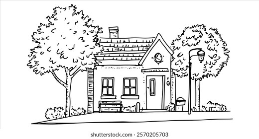 small vintage house with trees and street lamp hand-drawn illustration