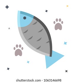 Small vintage sea gray metal blue river lake fish with cat tracks for vet clinic pet shop. Food for cat. Lure, feeding up. Modern flat style vector illustration icons. 
Isolated on white background. 