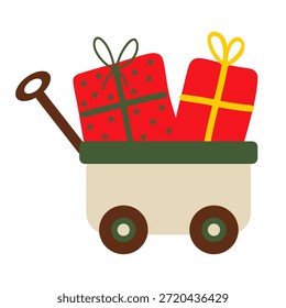 Vagão pequeno carregando duas caixas de presente vermelho festivo, simbolizando compras sazonais e entrega