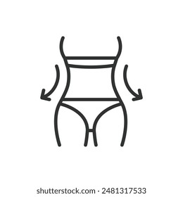 Small waist, in line design. Slim waist, waistline, fitness, body shape, hourglass figure, waist measurement on white background vector. Small waist editable stroke icon.