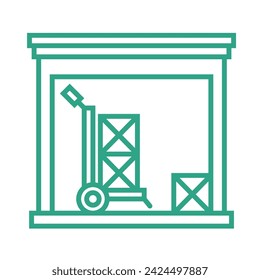 Small warehouse with boxes and parcel trolley. Outline icon isolated on white background. Part of supply chain. Vector illustration.