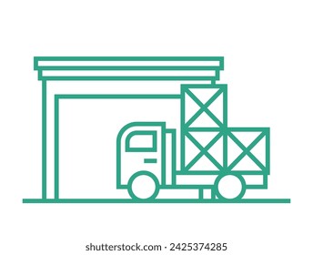 Pequeño almacén con cajas y camión. Icono de contorno aislado sobre fondo blanco. Parte de la cadena de suministro. Ilustración vectorial.