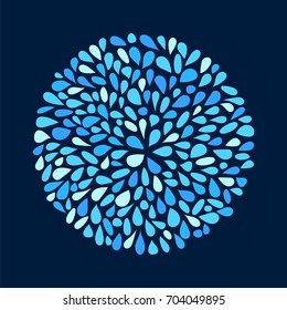 Small water drops forming a circle on dark background. Stock vector illustration of blue splash and flow.
