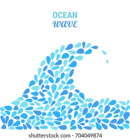 Small water drops forming a wave on white background. Stock vector illustration of blue splash and flow.