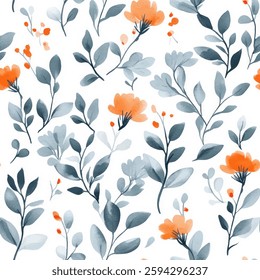 Small watercolor flowers and leaves in orange, blue, and gray on a white background. watercolor flower seamless pattern. Watercolor print in rustic vintage style, textile or wallpapers.