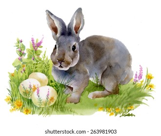 Small watercolor hare with Easter holiday eggs vector illustration