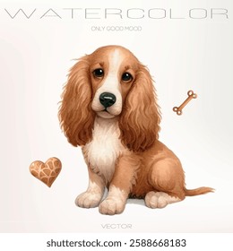 Small watercolor puppy in vector format, playful and happy.